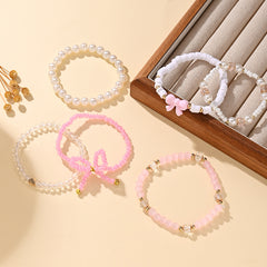 Pink Layered Stretchable Bow Charm Gold Plated Crystal Bracelet