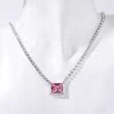Rectangle Solitaire Silver Yellow Pink Cubic Zirconia Crystal Stainless Steel Anti Tarnish Necklace Chain For Women