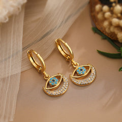 Moon Evil Eye 18K Gold CZ Anti Tarnish Pendant Chain Earring Set