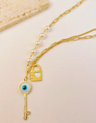 Heart Key Lock Evil Eye Pearl 18K Gold Stainless Steel Necklace Chain For Women