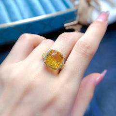 Square Yellow Cubic Zirconia 18K Gold Anti Tarnish Free Size Ring For Women