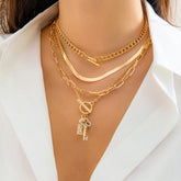 Key Lock 18K Gold Cubic Zirconia Curb Snake Chain Layer Necklace For Women