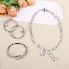 Premium Silver Tone Teardrop Silver Plated CZ Copper Necklace Combo Set