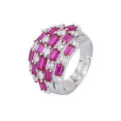 Baguette Cubic Zirconia Crystal Red Blue Silver Anti Tarnish Free Size Ring For Women
