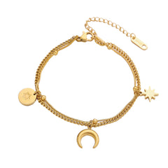 Moon and Star 18K Gold Plated Stainless Steel Charm Chain Bracelet For Women