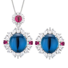 Oval Flower Red Blue Gemstone Silver Cubic Zirconia Anti Tarnish Pendant Chain Ring Set For Women