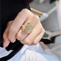 Yellow Flower Cluster Silver Cubic Zirconia Copper Adjustable Ring Women