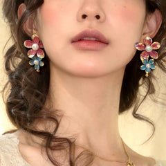 Red Blue Flower Gold Pearl Alloy Dangler Earrings For Women
