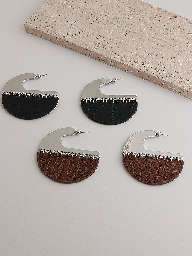 Black Brown Leather Silver Anti Tarnish Hoop Earring For Women