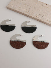 Black Brown Leather Silver Anti Tarnish Hoop Earring For Women