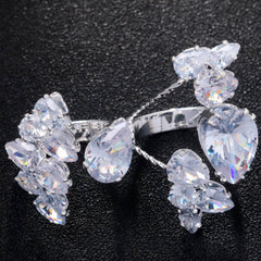 Flower Solitaire 18K Gold Silver Anti Tarnish Adjustable Dual Finger Ring For Women