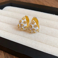 Flower White Gray 18K Gold Cubic Zirconia Enamel Hoop Stud Earring Pair Women