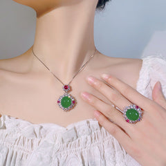 Simulation Green Cubic Zirconia Silver Anti Tarnish Necklace Ring Set For Women