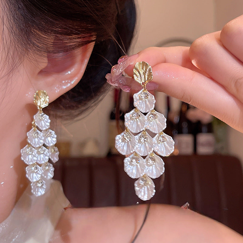 White Flower Petal Shell Gold Plain Copper Dangler Earrings For Women