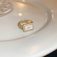 Luxury Rectangular Watch Gold Plated Pearl Alloy Fancy Ring For Women