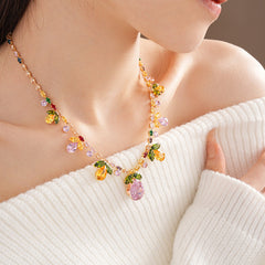 Drop Leaf Solitaire Crystal Pink Orange Anti Tarnish Necklace Earring Set For Women Group1