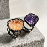 Amorphous Citrine Rough Stone Black Adjustable Ring For Women