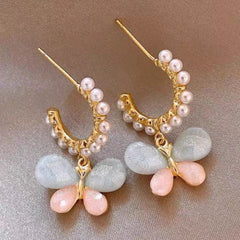 Butterfly Multi Color 18K Gold Pearl Drop Hoop Earring For Women