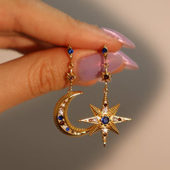 Star Moon 18K Gold Cubic Zirconia Anti Tarnish Dangler Hoop Earring For Women