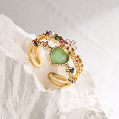 Green Pink White Heart Flower Gold CZ Adjustable Fancy Ring