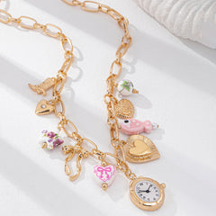 Luxury Vintage Pink & Blue Watch Charm Gold Plated Beads Necklace