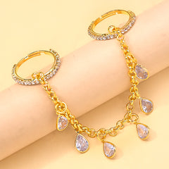 Teardrop Dangle Chain Gold Plated White CZ Crystal Multi Finger Ring