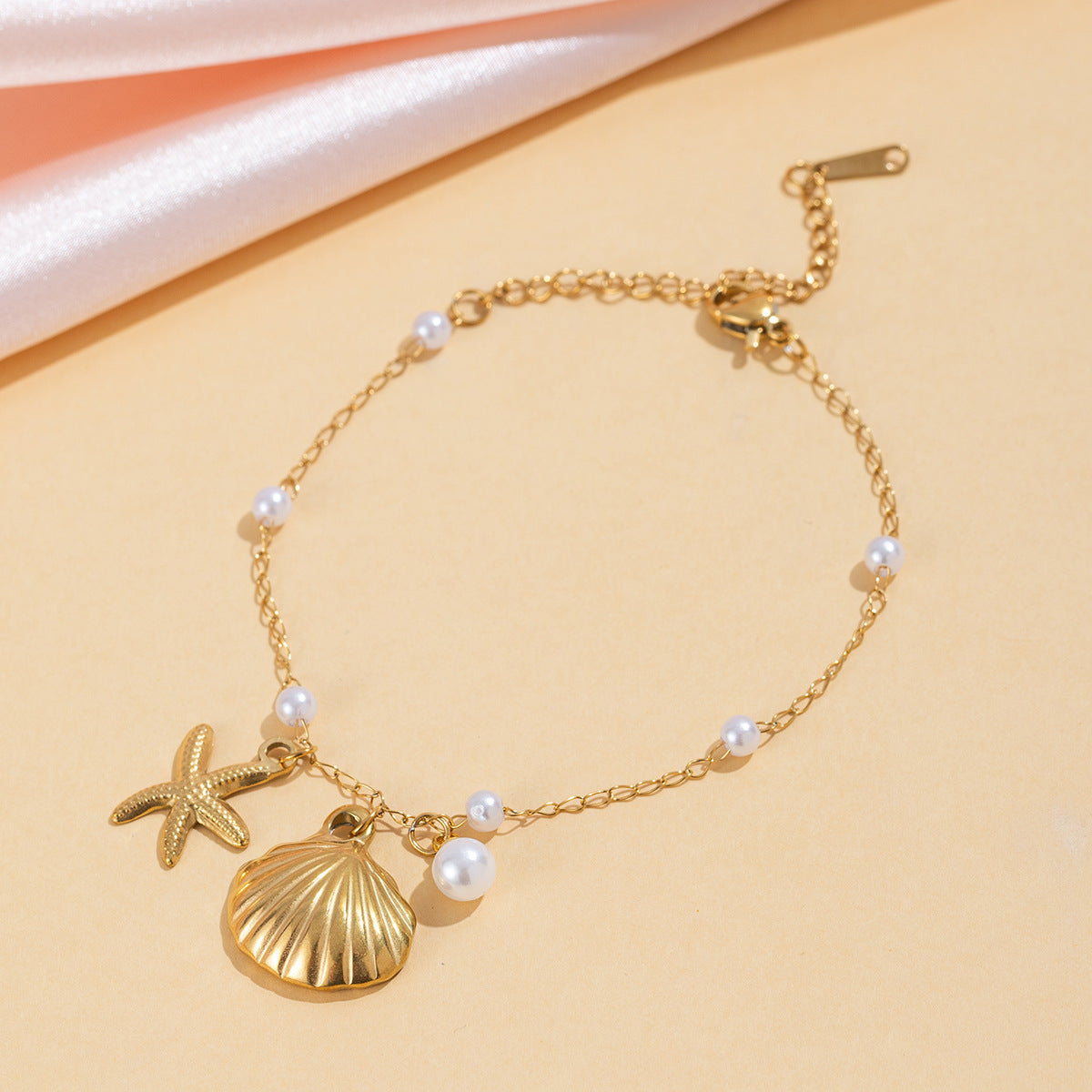 Shells Starfish Pearl 18K Gold Stainless Steel Link Chain Bracelet For Women