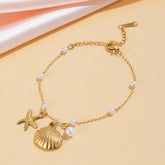 Shells Starfish Pearl 18K Gold Stainless Steel Link Chain Bracelet For Women