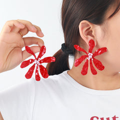 Floral Flower Leaf Red White Dangler Earring For Women