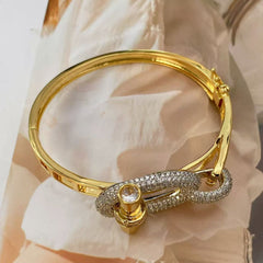 Two Tone Lock 18K Gold Silver Cubic Zirconia Anti Tarnish Openable Kada Bracelet For Women