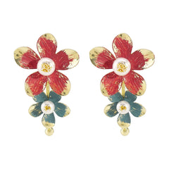 Red Blue Flower Gold Pearl Alloy Dangler Earrings For Women