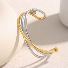 Dual Cross 18K Gold Stainless Steel Anti Tarnish Silver Openable Cuff Kada For Women