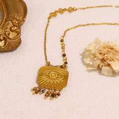 Designer Evil Eye Gold Brown Beads Tassel Stainless Steel Necklace