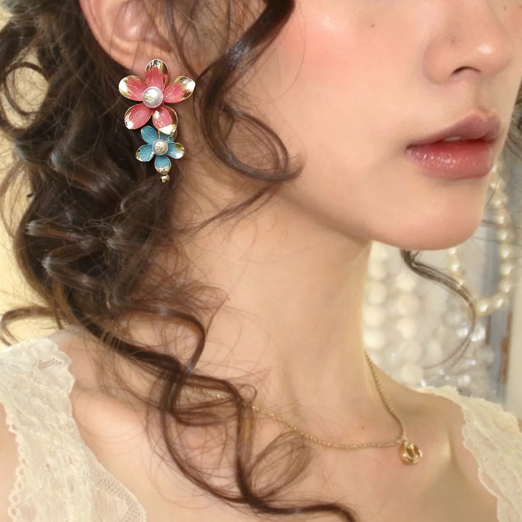 Red Blue Flower Gold Pearl Alloy Dangler Earrings For Women