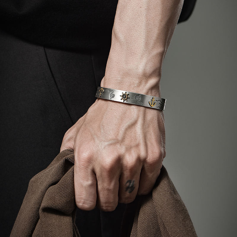 Vintage Nautical Symbol Engraved Antique Silver Plated Cuff Bracelet for Men