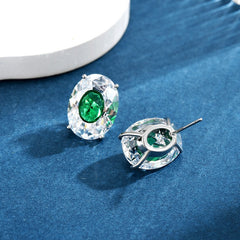 Luxury Emerald Green Oval CZ Silver Copper Stud Earrings For Women