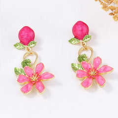 Orange Pink Flower Gold Plated Enamel Dangler Earrings For Women
