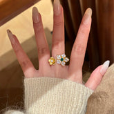 Gold Flower Cubic Zirconia Copper Anti Tarnish Adjustable Ring Women