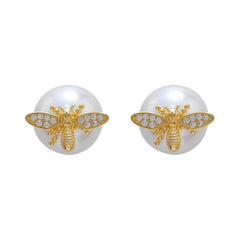 Little Honeybee Pearl Cubic Zirconia Gold Silver Stud Earring For Women