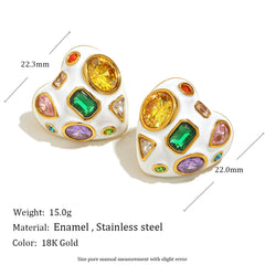 Heart Oval 18K Gold Cubic Zirconia Enamel Stainless Steel Stud Earring Pair Women