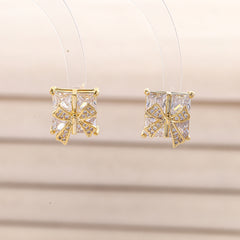 White Sparkling Bowknot Gold Plated CZ Anti Tarnish Copper Stud Earrings
