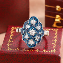 Designer Blue Floral Silver Plated CZ Copper Anti Tarnish Cocktail Ring