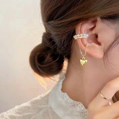 Heart Chain Pearl CZ Gold Anti Tarnish Single Ear Cuff Earring