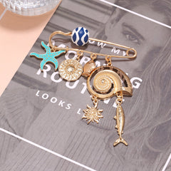 Blue Gold Ocean Safety Pin Enamel Brooch For Women