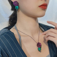 Flower Purple Green Black Anti Tarnish Necklace Chain Eaering Set For Women