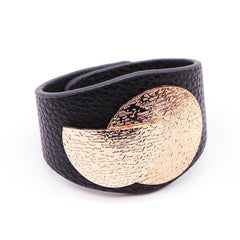 Beaten Finish 18K Gold Plated PU Leather Wrist Band Bracelet For Women