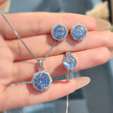 Flower Solitaire Blue Silver Anti Tarnish Pendant Ring Set For Women