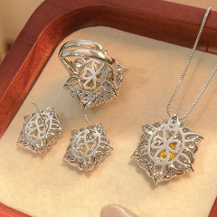 Flower Red Gemstone Silver Cubic Zirconia Necklace Earring Ring Set For Women