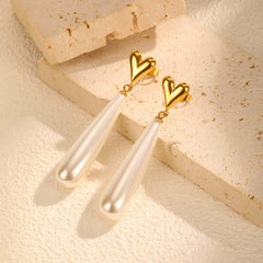 Heart Gold Plated Pearl Anti Tarnish Stainless Steel Dangler Earrings