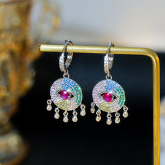 Multi Color Evil Eye Silver Plated Cubic Zirconia Alloy Dangler Hoop Earrings